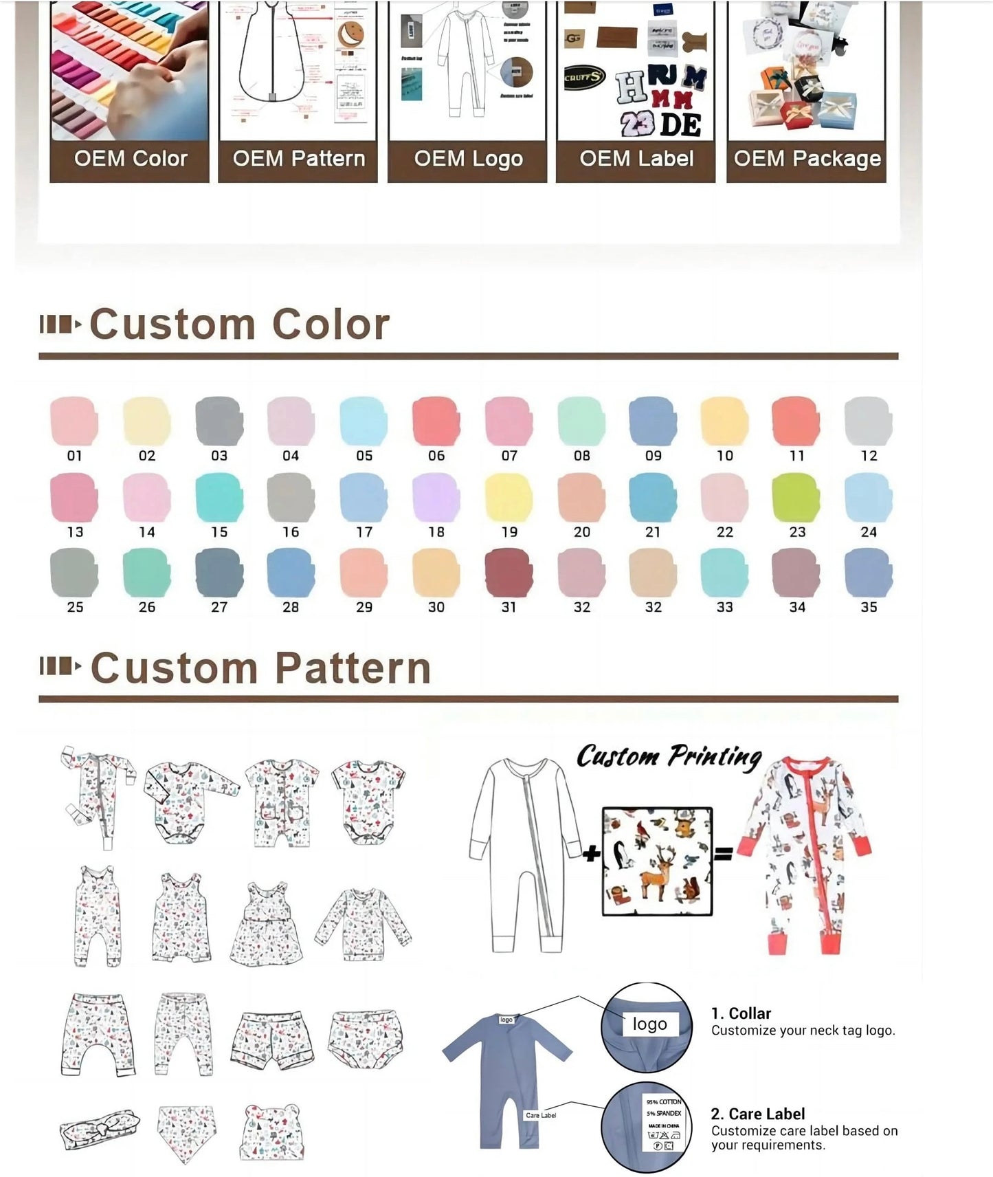 Custom Printing fabric Organic Bamboo/Cotton Baby romper Pajamas Set OEM