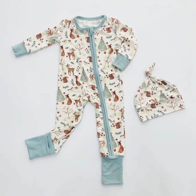 Custom Printing fabric Long Sleeve Organic Bamboo/Cotton Baby romper Pajamas Set Sample