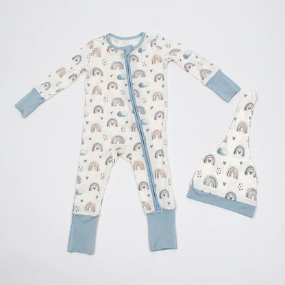 Custom Printing fabric Long Sleeve Organic Bamboo/Cotton Baby romper Pajamas Set Sample